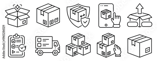 Box, delivery icon set featuring solid mix style symbols for shipping logistics, delivery tracking, and warehouse packaging, modern flat vector illustration for e-commerce, apps, websites, and digital