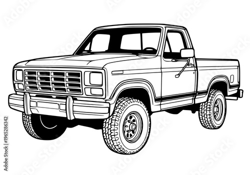 Vintage single cab off-road pickup with large tires, Classic 1980s Vintage Pickup Truck Vector Line Art Illustration