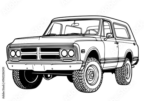 Classic Vintage SUV 4x4 Off-Road Vehicle Line Art Illustration
