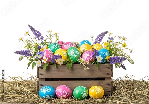 Wooden crate filled with colorful hand painted easter eggs and spring flowers on bed of straw isolated on white background