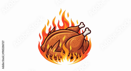 Golden roasted chicken surrounded by dynamic, vibrant flames