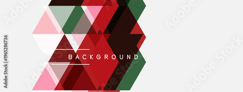 Abstract geometric shapes, triangles, lines create modern background. Red, pink, green hues dominate design. Minimalist style.