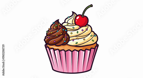 A cartoon cupcake with swirled chocolate and vanilla frosting