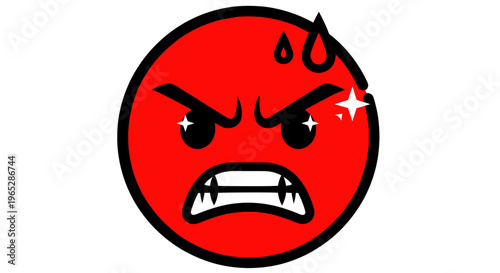 Angry Red Face Icon, Frustrated Expression, Sweat Droplets, Sparkles, White Background
