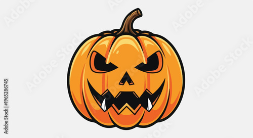 A cartoon illustration of a carved orange pumpkin with a sinister face for Halloween