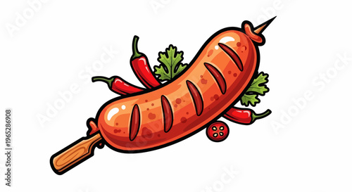 Juicy grilled sausage on a skewer with spicy chili peppers and garnish