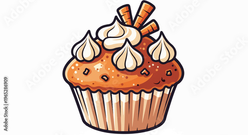 A cheerful, cartoon-style cupcake with fluffy white frosting, wafer sticks, and sprinkles