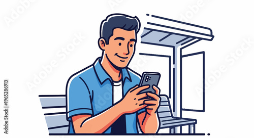 Man looking at phone at bus stop