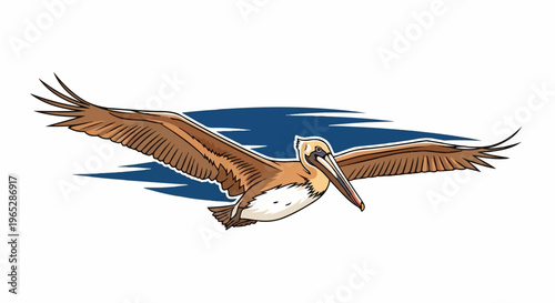 A brown pelican with wings spread wide in flight over blue water