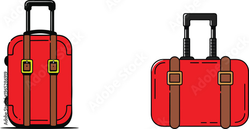 Two vibrant red rolling suitcases with brown straps and golden buckles, ready for travel adventures, isolated on transparent background.