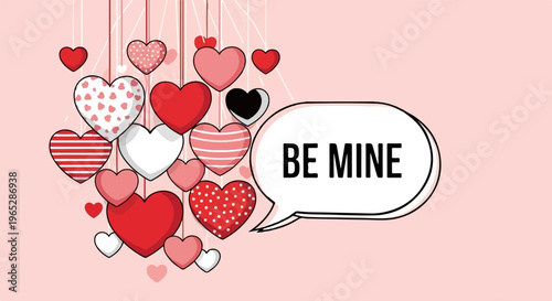 A cluster of heart shapes in various red and pink hues floats