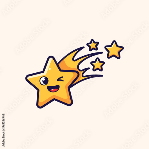 A cartoon-style illustration of a yellow star with a smiling face and winking eye shooting with flames. Two smaller stars trail behind