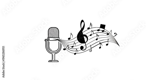 A microphone emits sound waves that transform into musical notes on staves