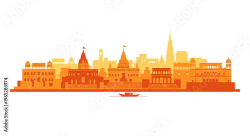 Varanasi cityscape skyline silhouette, Ganges river, Indian temples, ancient architecture, warm orange tones