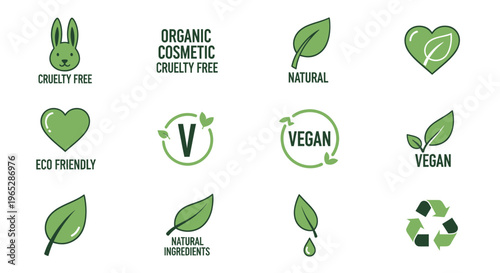 Vegan, Cruelty-Free, Organic Cosmetic Icons: Natural, Eco-Friendly Labels