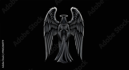 A dark angel with large feathered wings and a halo prays