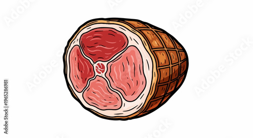 A cross-section of a cooked ham, showing pink meat with fat marbling and a checkered rind