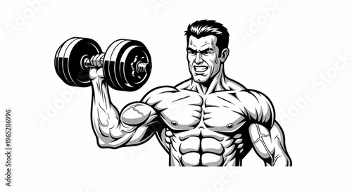 Muscular man lifting heavy dumbbell with intense effort and sweat