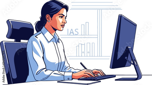 Professional woman working at a computer in an office setting with bookshelves