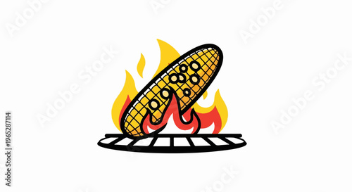 A stylized ear of corn grills over bright yellow and red flames