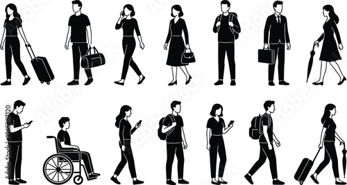 Black vector silhouettes of diverse people including travelers with luggage a businessman a student and a person in a wheelchair for urban commute