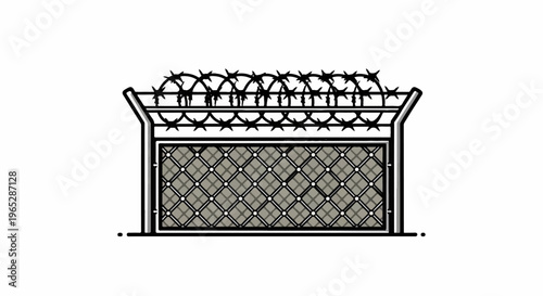 A stylized illustration of a security fence with barbed wire and chain-link mesh