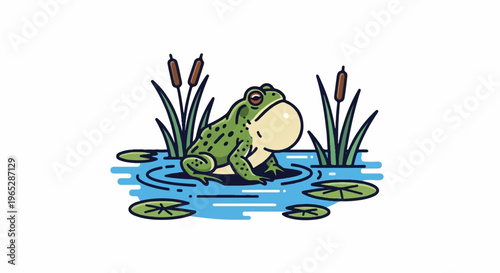 A stylized green frog with a puffed throat sits in blue water