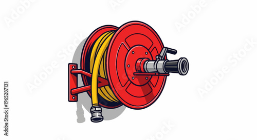 Red fire hose reel with yellow hose, coiled on a reel