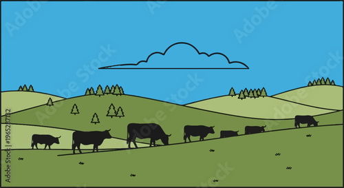 Rolling green hills under a blue sky, with silhouetted cows grazing and scattered trees