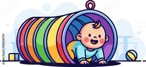 A happy baby crawls through a colorful rainbow tunnel with toys nearby