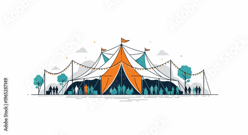 A large tent with orange and teal panels, decorated with string lights