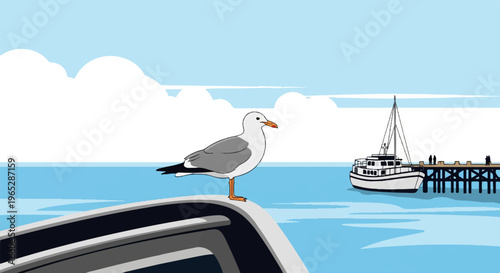 A seagull perches on a boat, with a docked boat and pier beyond
