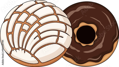 Two round pastries, one with a patterned topping, the other chocolate iced