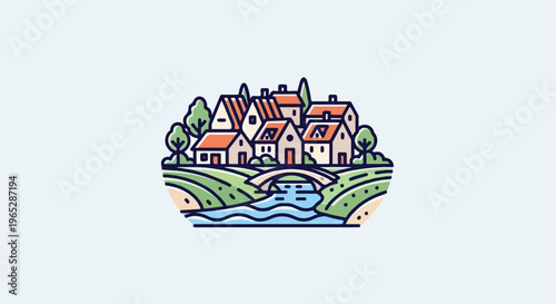 A stylized riverside village with houses, trees, a bridge, and flowing water