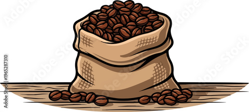 A burlap sack overflowing with roasted coffee beans rests on a wooden surface