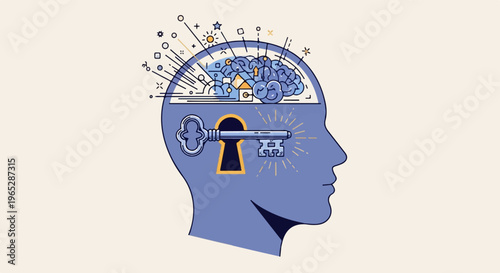 A stylized silhouette of a head with a key in a lock within