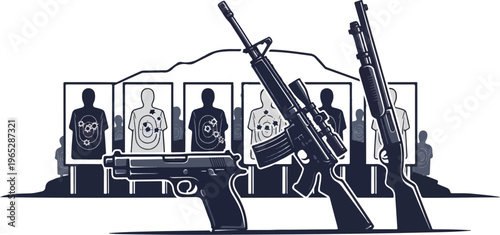 Three firearms stand in front of shooting targets