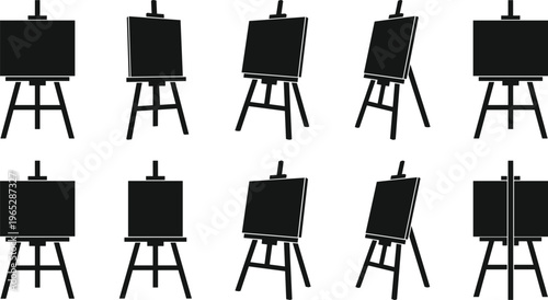 Set of artist easel black silhouettes featuring wooden tripods with blank canvases at various angles for art studio exhibitions painting workshops and creative galleries