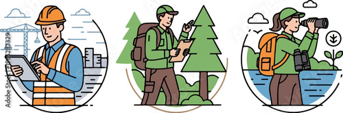 Three circular scenes show diverse professions construction, hiking, and nature observation