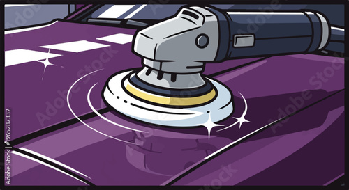 A cartoon image of a car polisher buffing a shiny purple car hood