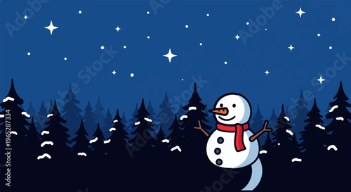 A whimsical snowman stands in a snowy forest under a starry night sky