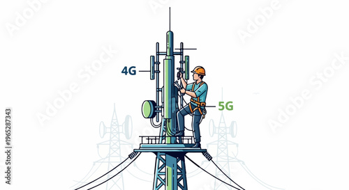 Technician installing 5G equipment on cell tower, upgrading from 4G