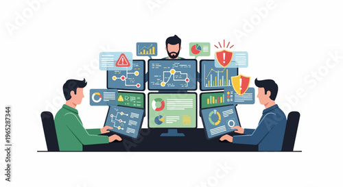 Team monitoring multiple screens with data, charts, and security alerts