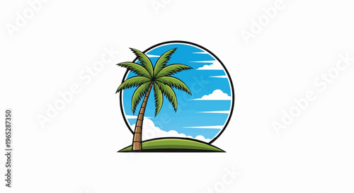 A cartoon palm tree stands on a grassy island under a blue sky with clouds