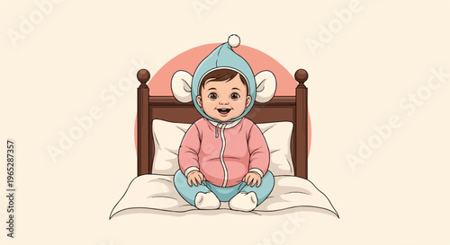 Adorable baby in a plush elephant costume smiles from a bed