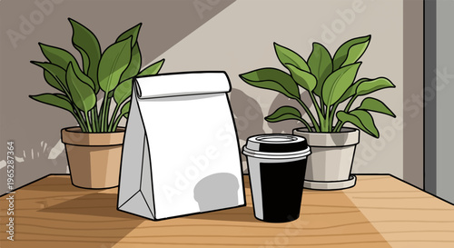 Simple illustration of a paper lunch bag and a disposable coffee cup