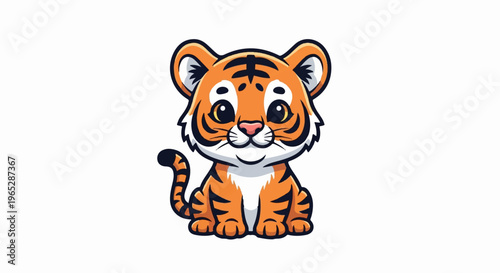 Adorable cartoon tiger cub sitting and looking forward with big eyes