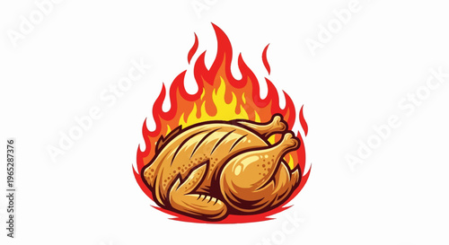 A whole roasted chicken is engulfed in a dramatic flame halo
