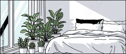 Sunlit bedroom with potted plants and a cozy bed