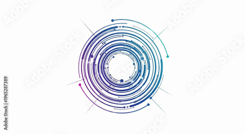 Abstract circular graphic with radiating lines and dots in blue and purple hues